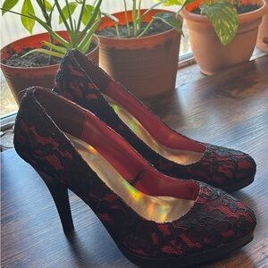 Elegant Black and Red Lace Heels